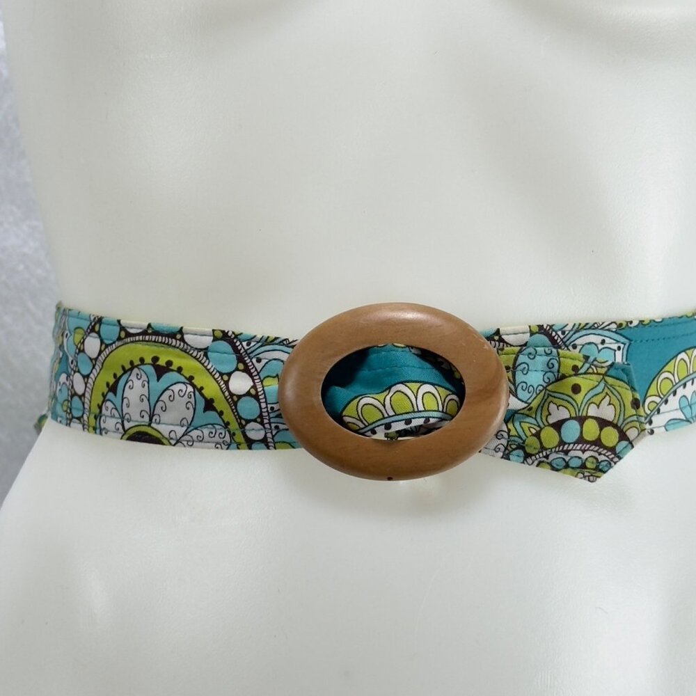 VERA BRADLEY Reversible Fabric Belt Wooden Buckle Blue & Green Floral Patterns